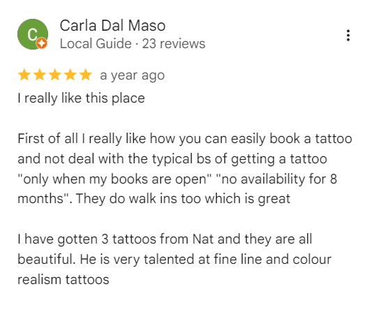 carla dal maso client's testimonial and review to nat what i tat and client at 7th house tattoo fredericton new brunswick canada