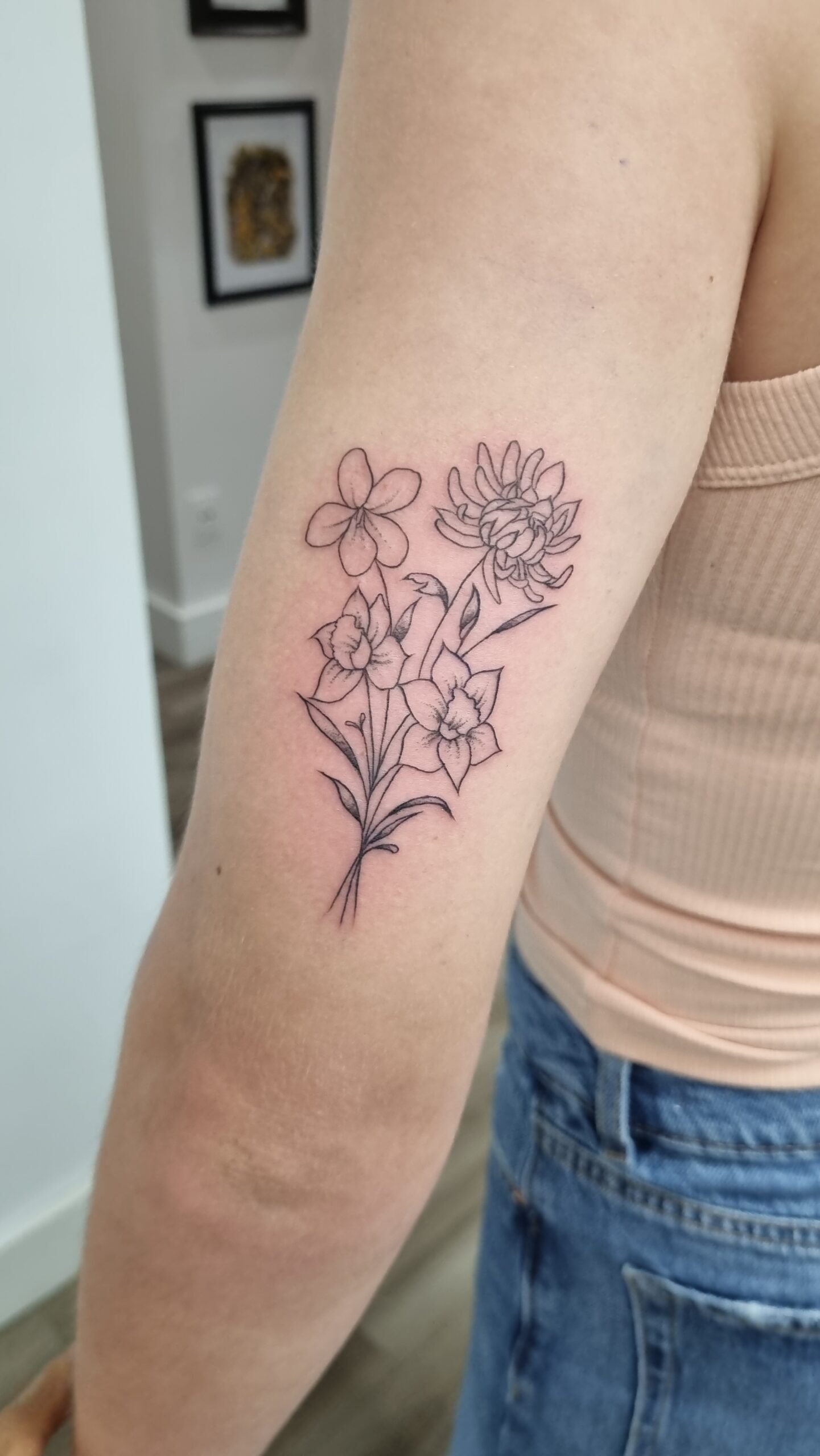fine line flower bouquet tattoo on arm by nat what i tat at 7th house tattoo fredericton new brunswick canada (2)