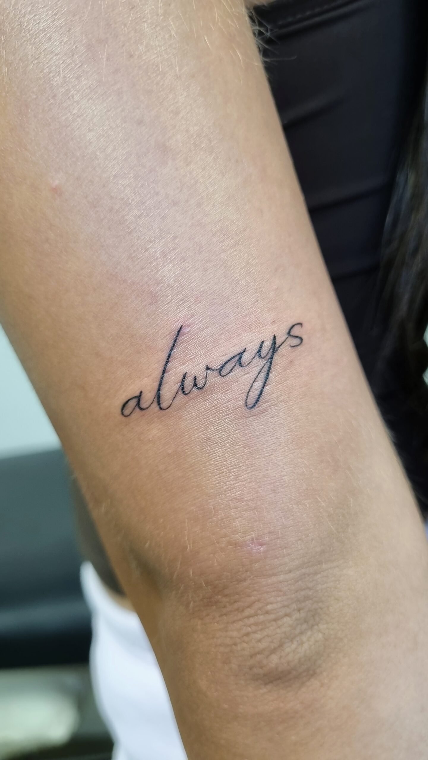 fine line script 'always' writing tattoo on arm by nat what i tat at 7th house tattoo fredericton new brunswick canada