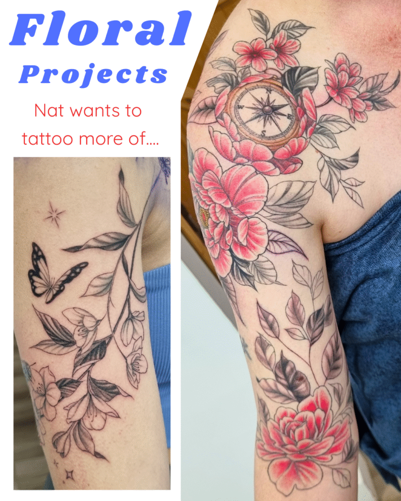 Floral Projects portfolio cover showcasing fine-line and color floral concepts by Nat