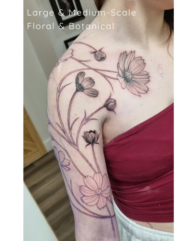 10 Medium-scale floral shoulder piece showing grayscale shading and anatomical flow.