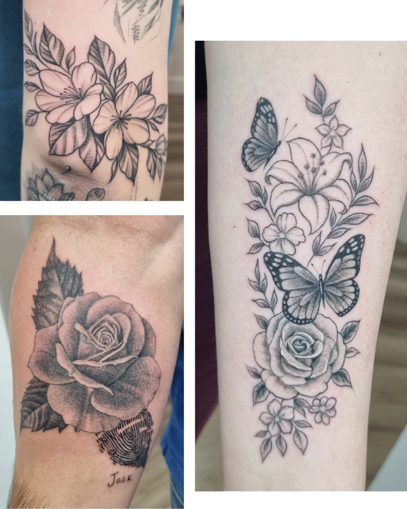 11 Black and grey floral arrangements including a detailed rose and commemorative elements.