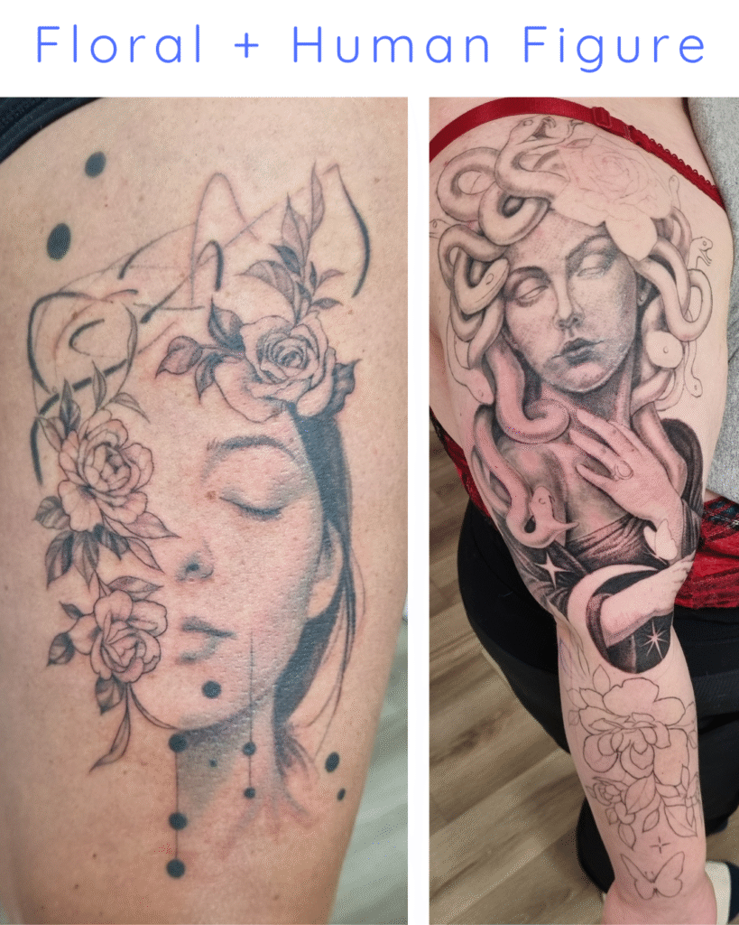 12 Illustrative portrait art blended with botanical leaves and roses.