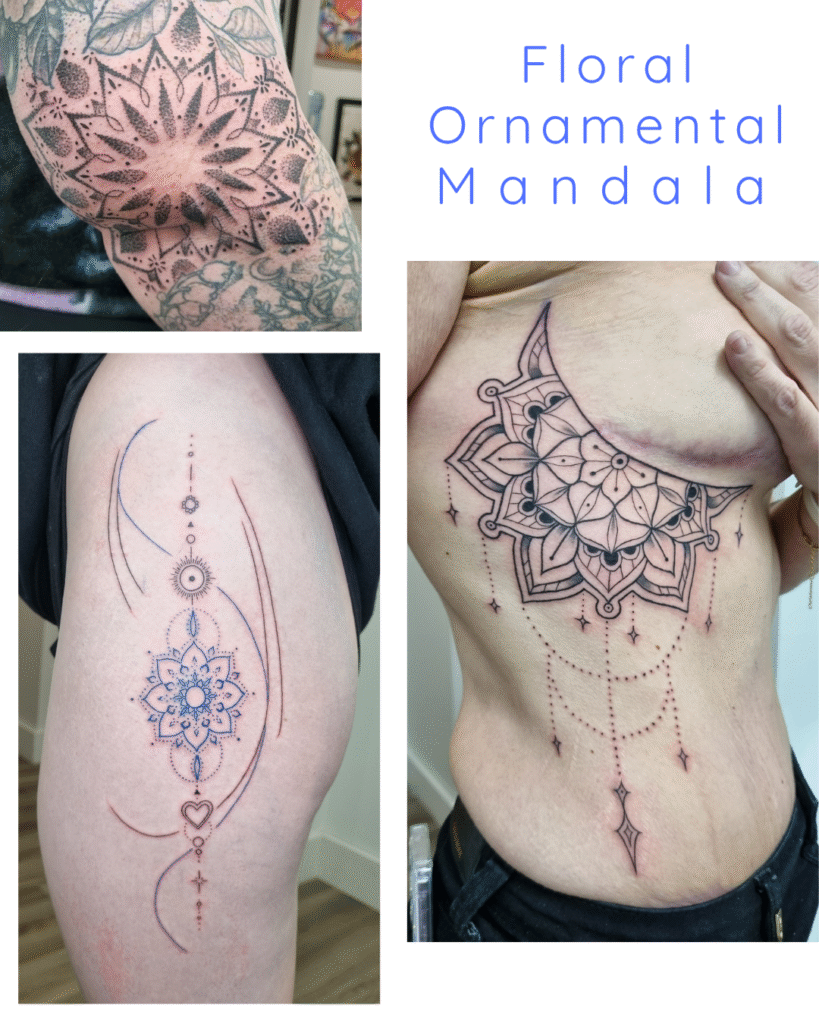 14 Floral ornamental mandala designs on the elbow and underbust rib area.