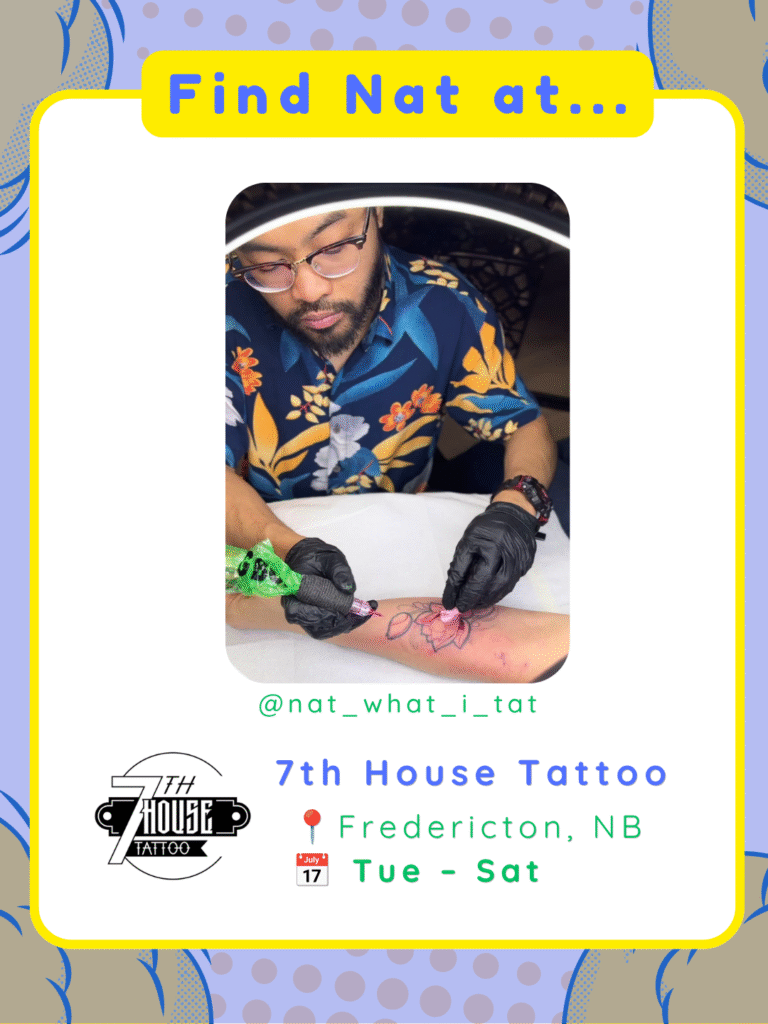 19 Nat tattooing in the studio alongside upcoming schedule information.