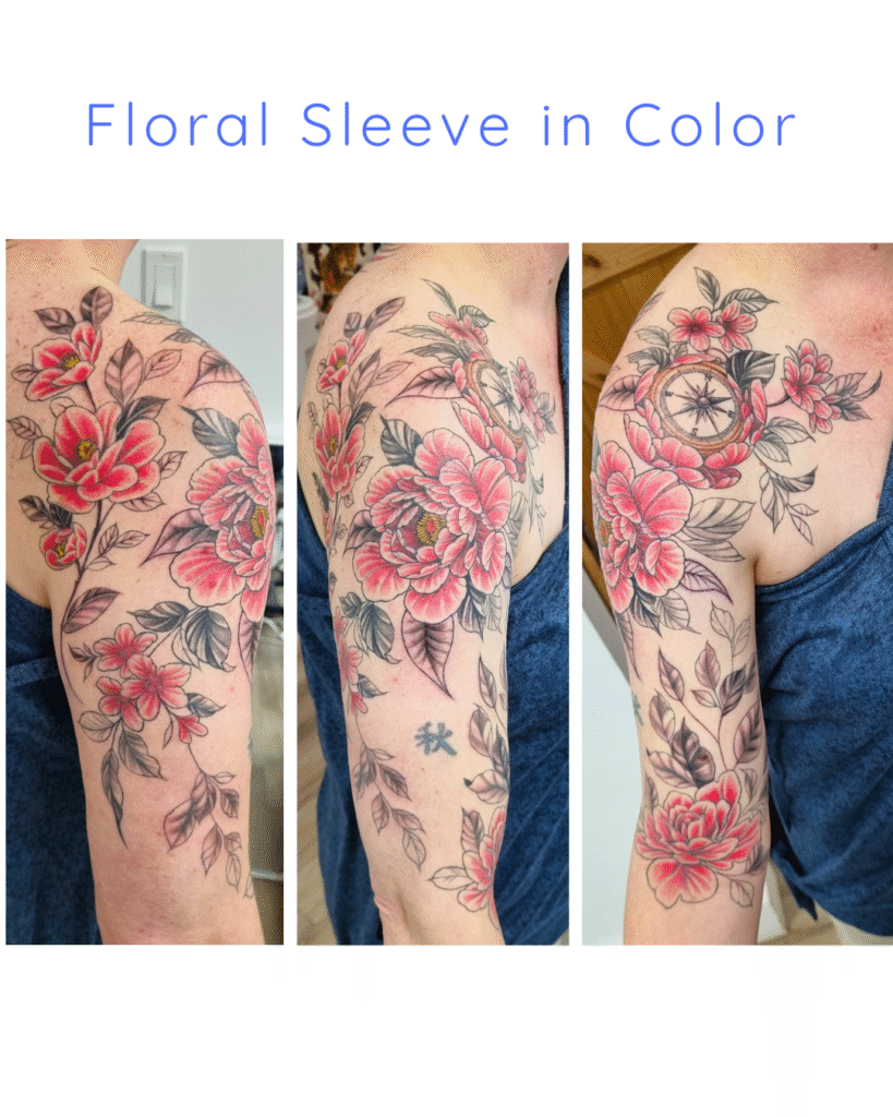 3 Vibrant multi-angle view of a full-color floral sleeve with a center compass motif.