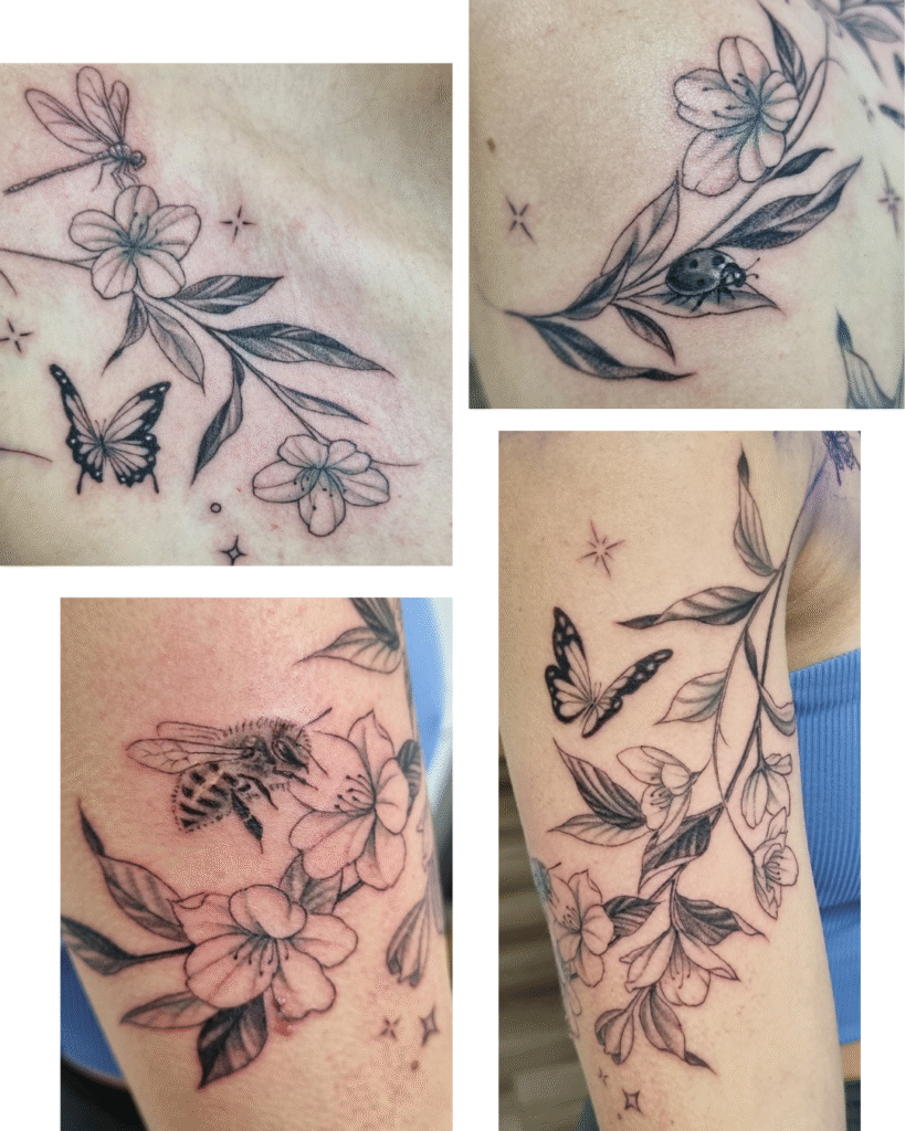 5 Close-up details of fine-line and shaded botanical insects, including a realistic bumblebee.