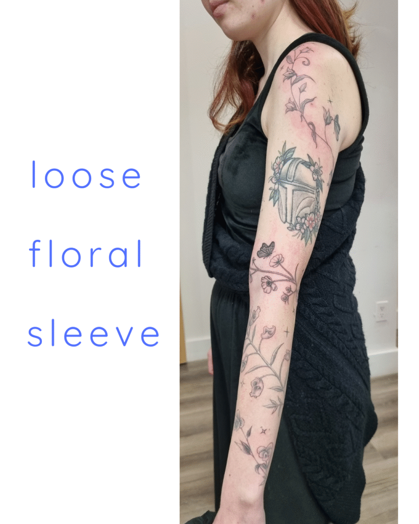6 Loose fine-line botanical sleeve wrapping around existing arm artwork.