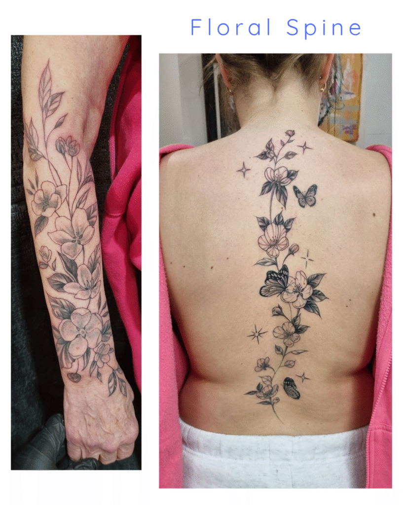 9 Vertical floral spine tattoo with blooming petals and fluttering butterflies.